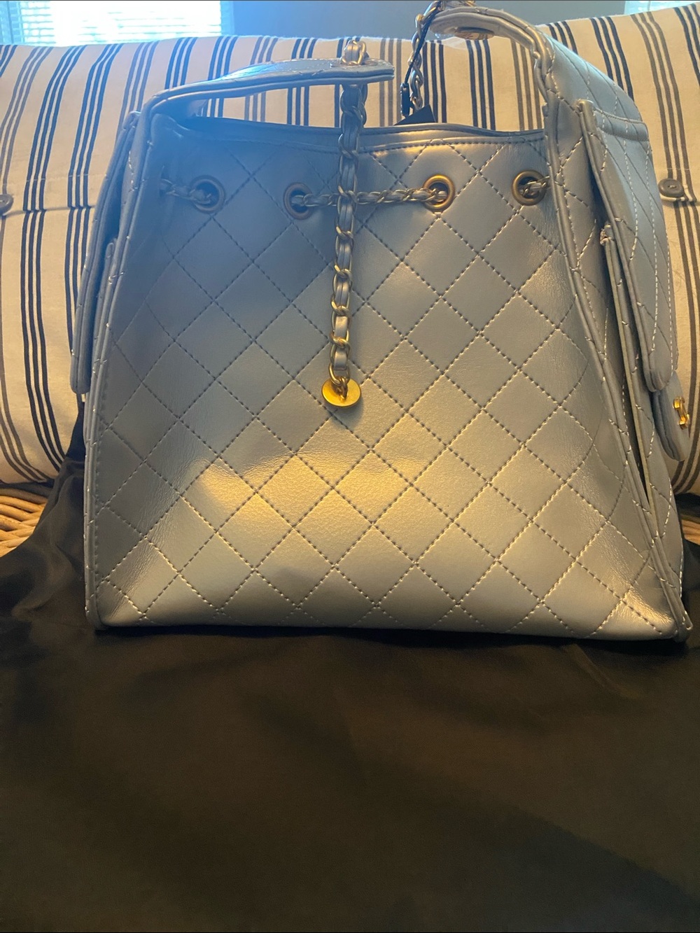 Quilted Light Blue Drawstring Tote Bag with Chain Accent